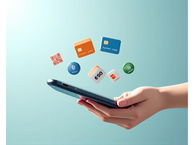 スマートフォンに表示された複数のデジタル決済アイコン(クレジットカード、電子マネー、QR決済など)のコラージュが、安全な取引を連想させるように配置されている。